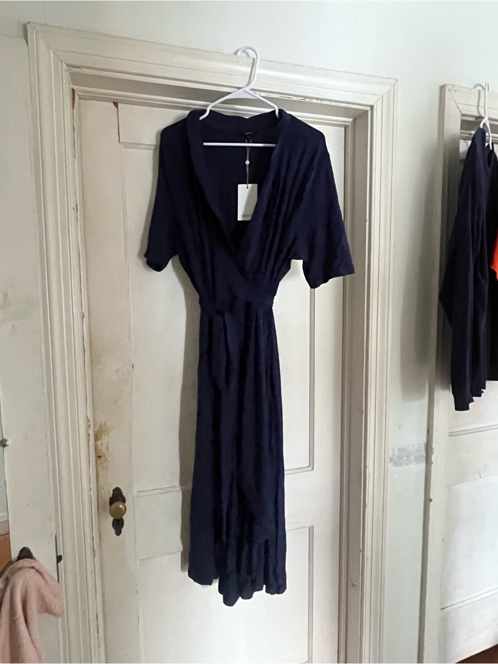 Quince Deep Navy Wrap High-Low Midi Dress with Tie Waist - Picture 6 of 7